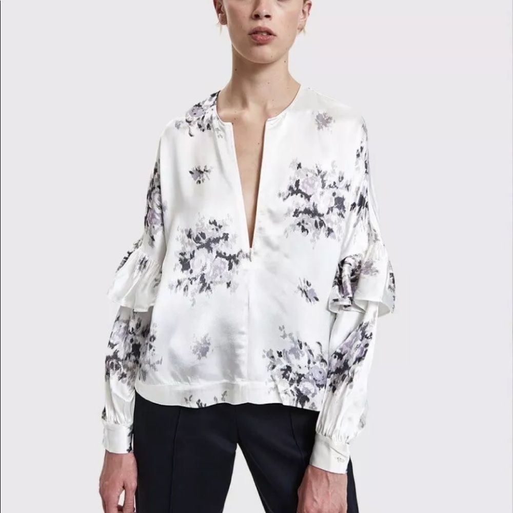 Ganni Cameron satin floral ruffle sleeve blouse